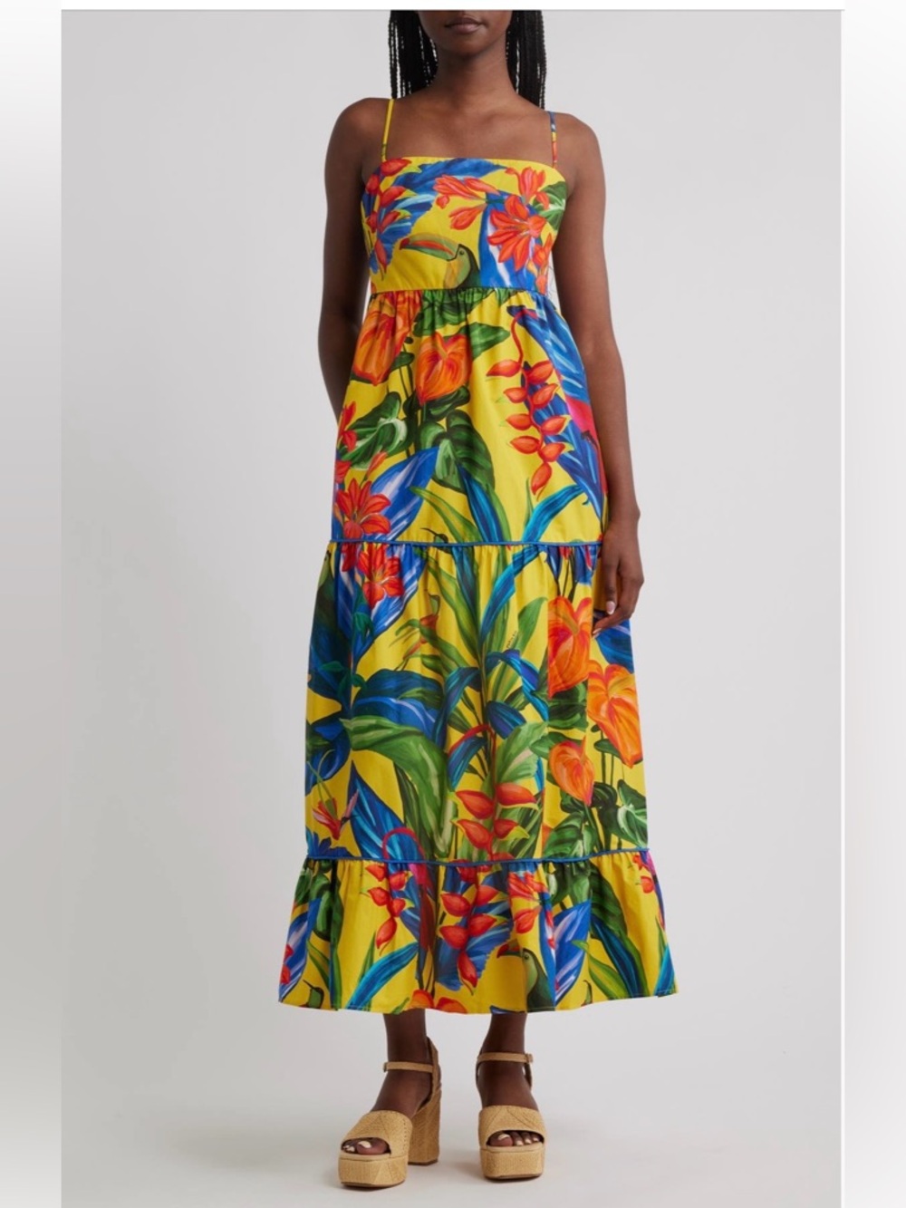 NEW FARM Rio Yellow Tropical Maxi Dress with Blue, Green & Orange Print